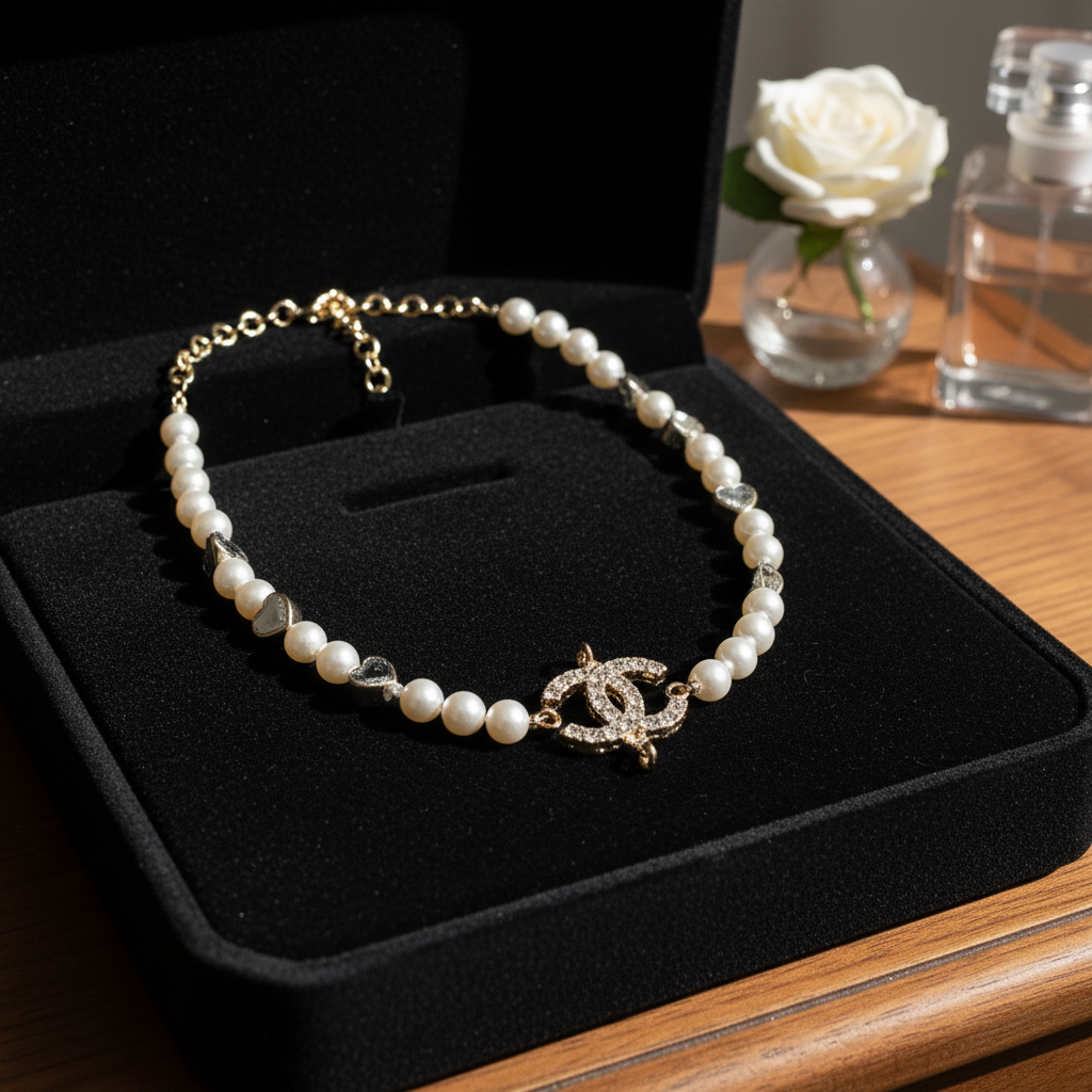 Elegant Pearl Necklace with Crystal Heart Accents – Silver Tone