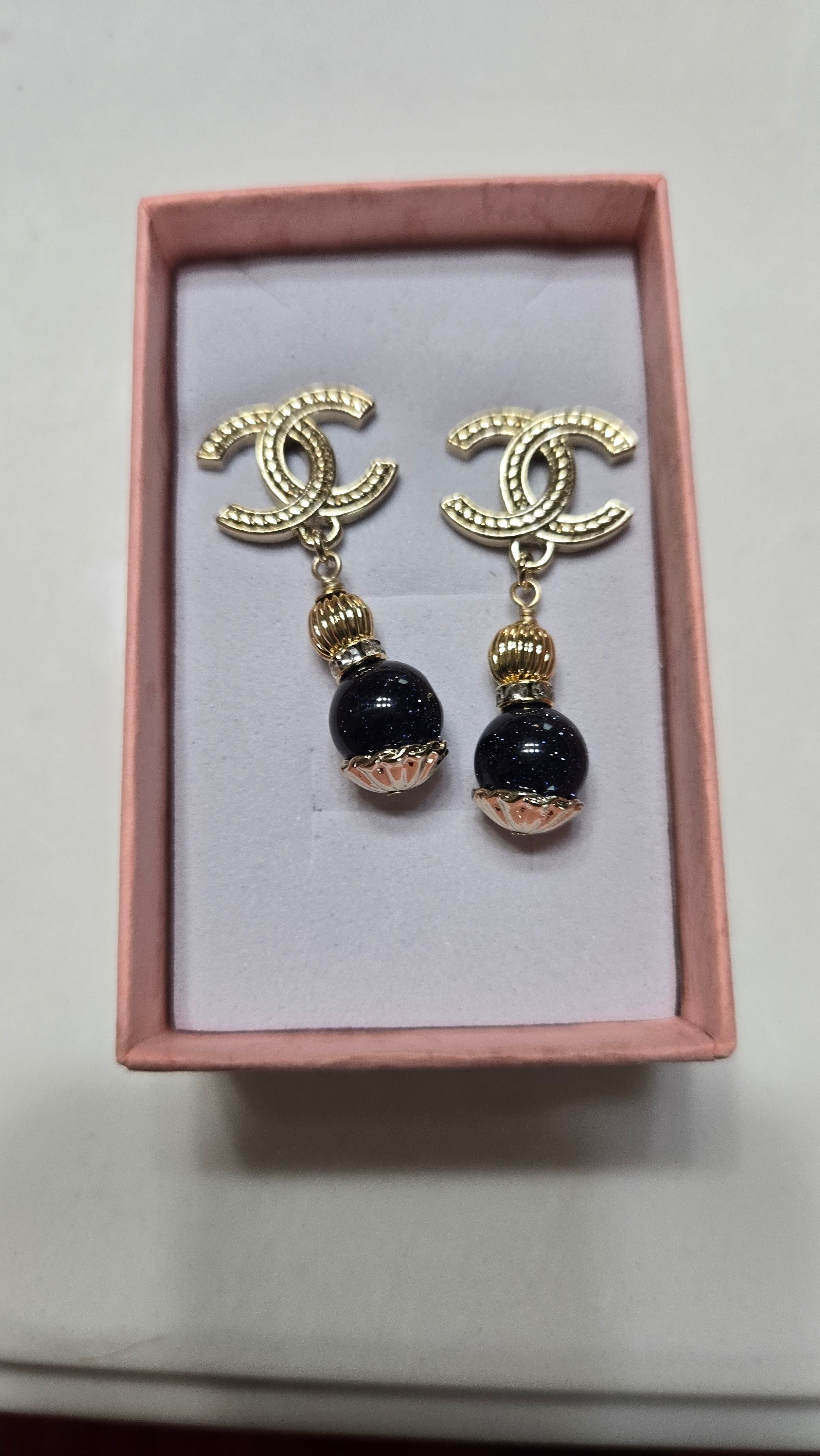 Elegant Gold-Tone CC-Style Drop Earrings with Black Bead Accent