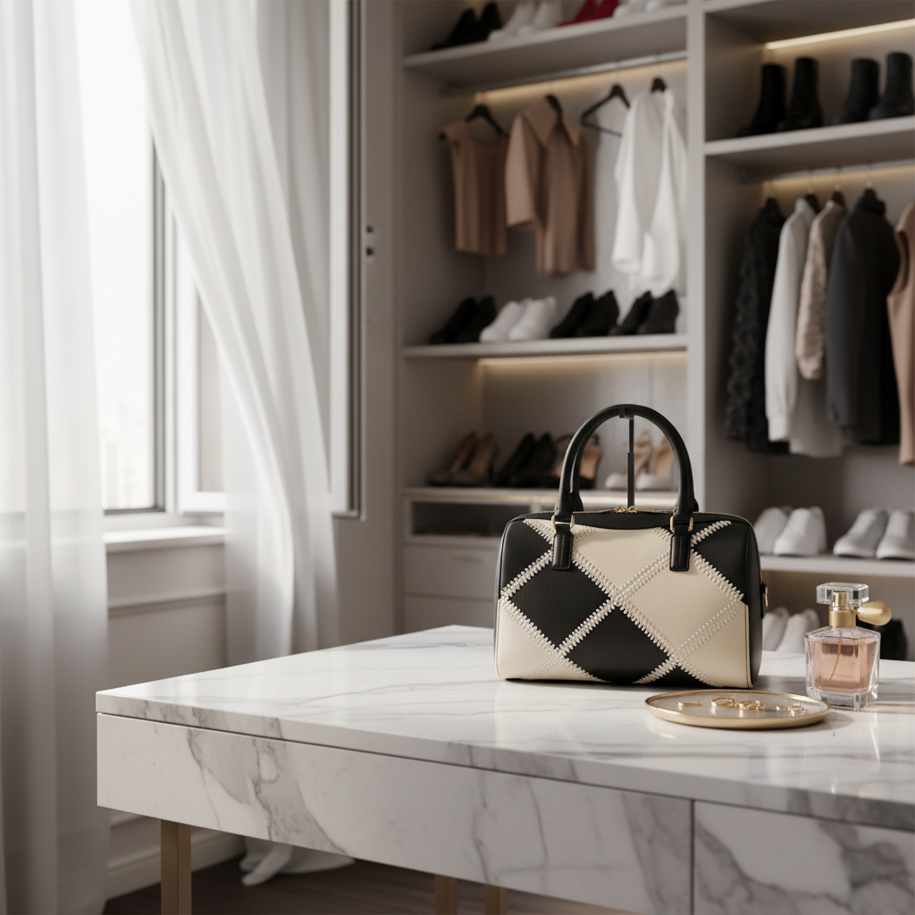 Black and Ivory Monochrome Luxe Structured Top-Handle Satchel | Genuine Leather