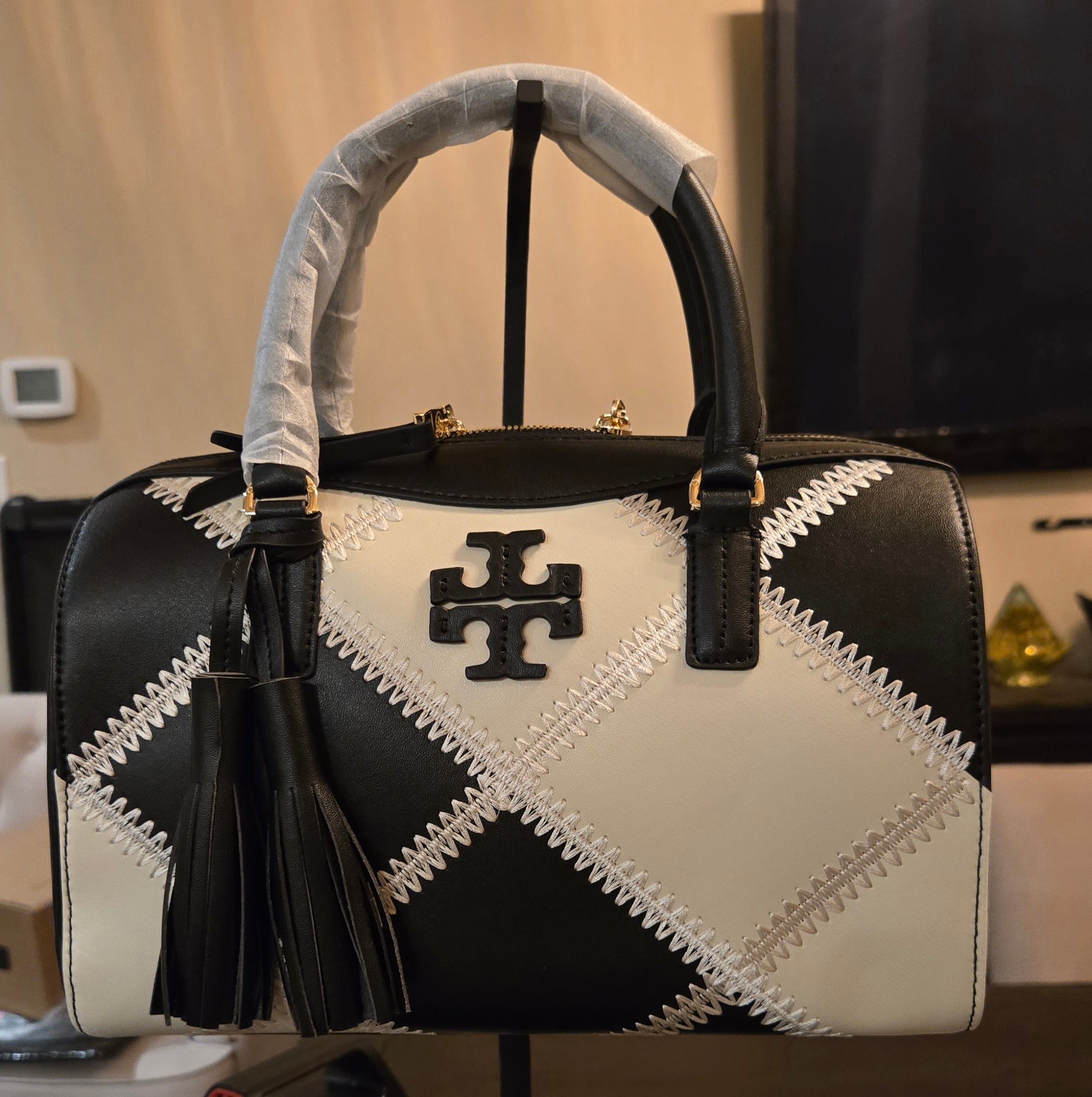 Black and Ivory Monochrome Luxe Structured Top-Handle Satchel | Genuine Leather