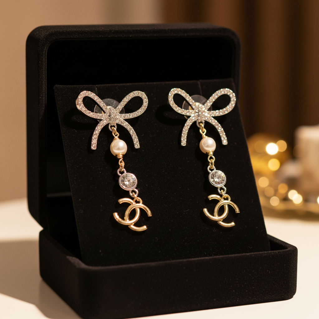 Crystal Bow Drop Earrings with Pearl & Interlocking C-Style Charm – Gold & Silver Tone