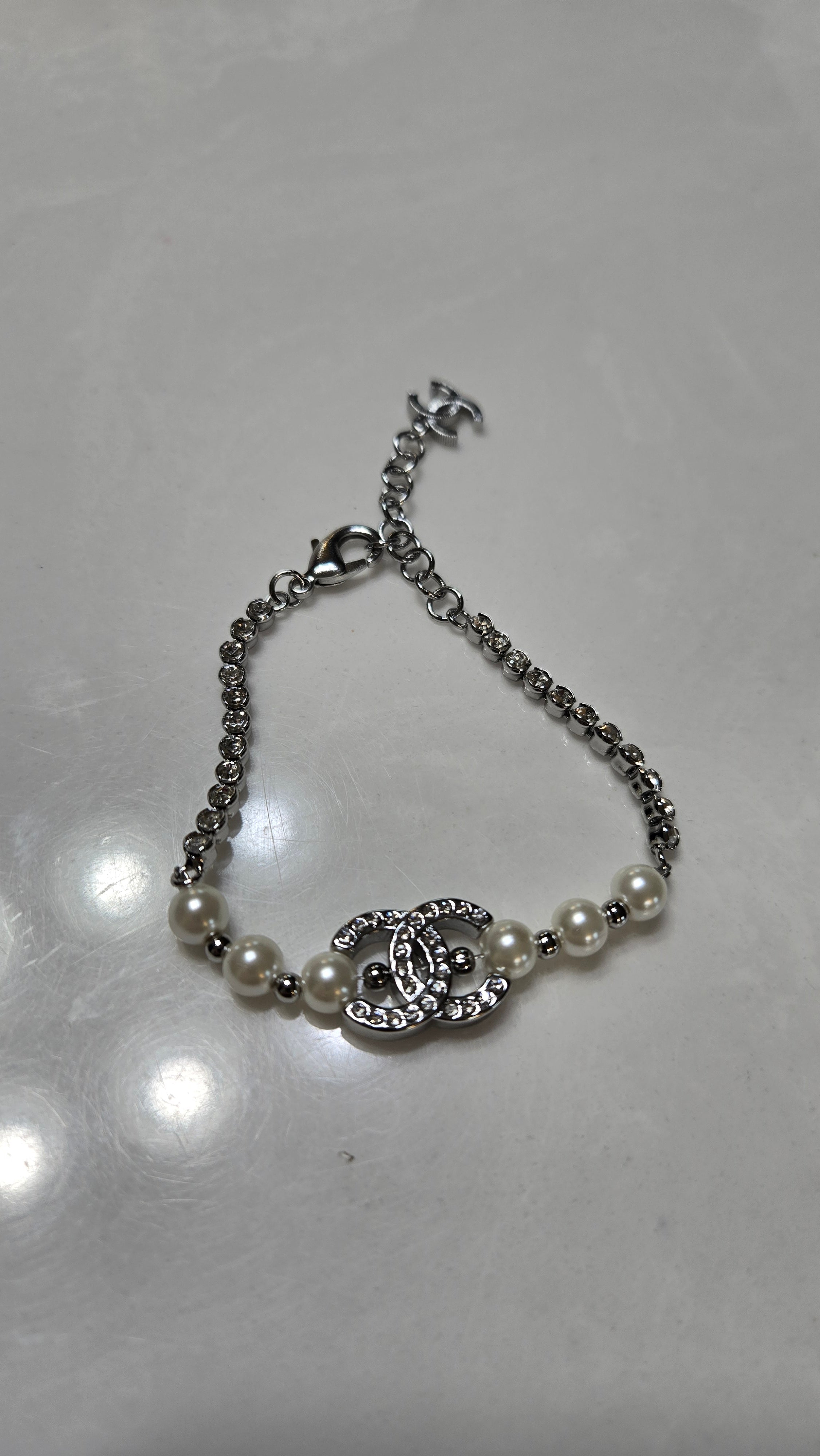 Pearl & Crystal Interlocking C-Style Bracelet – Silver Tone | Elegant Statement Jewelry