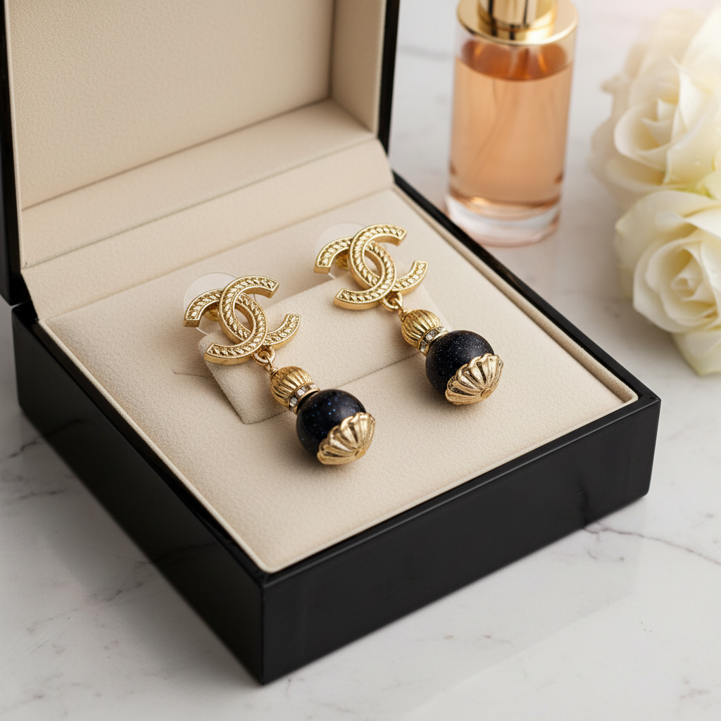 Elegant Gold-Tone CC-Style Drop Earrings with Black Bead Accent