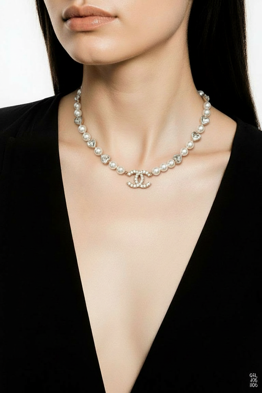 Elegant Pearl Necklace with Crystal Heart Accents – Silver Tone