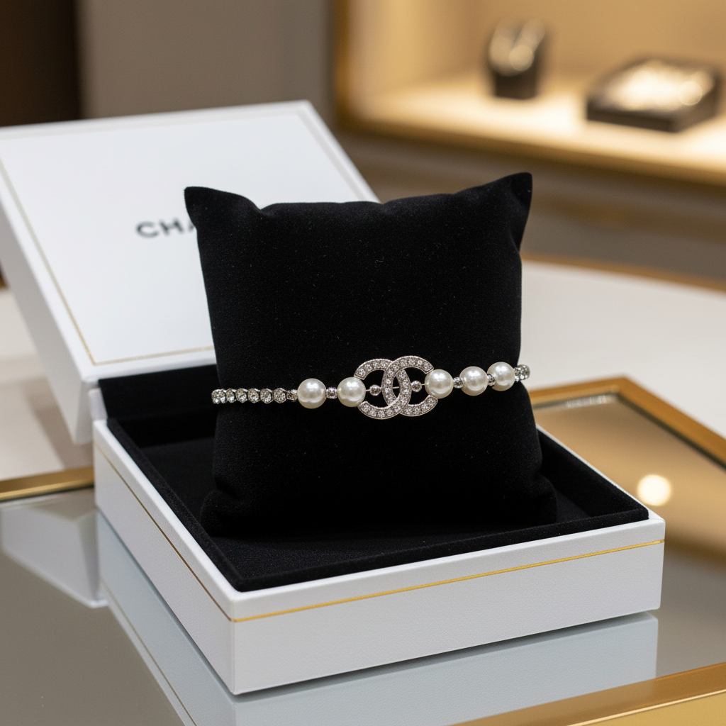 Pearl & Crystal Interlocking C-Style Bracelet – Silver Tone | Elegant Statement Jewelry