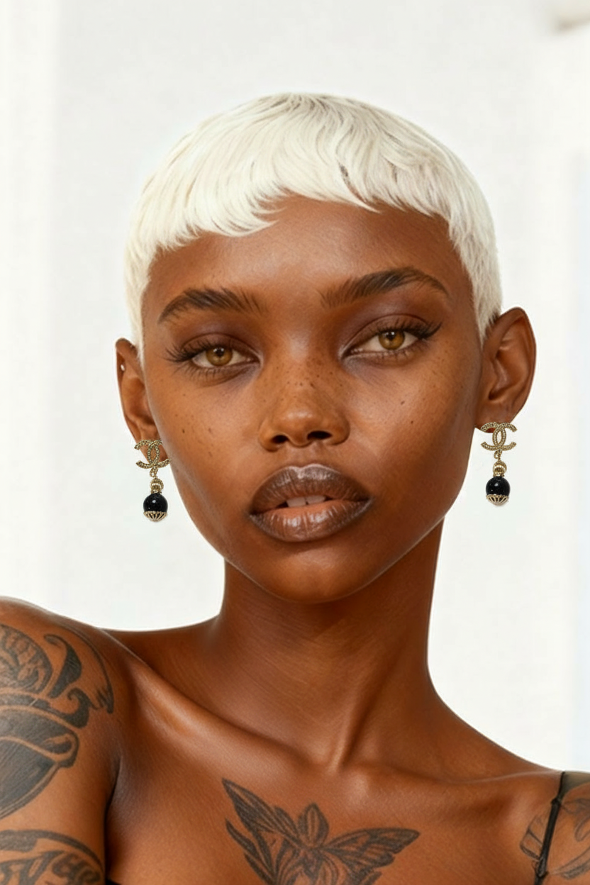 Elegant Gold-Tone CC-Style Drop Earrings with Black Bead Accent