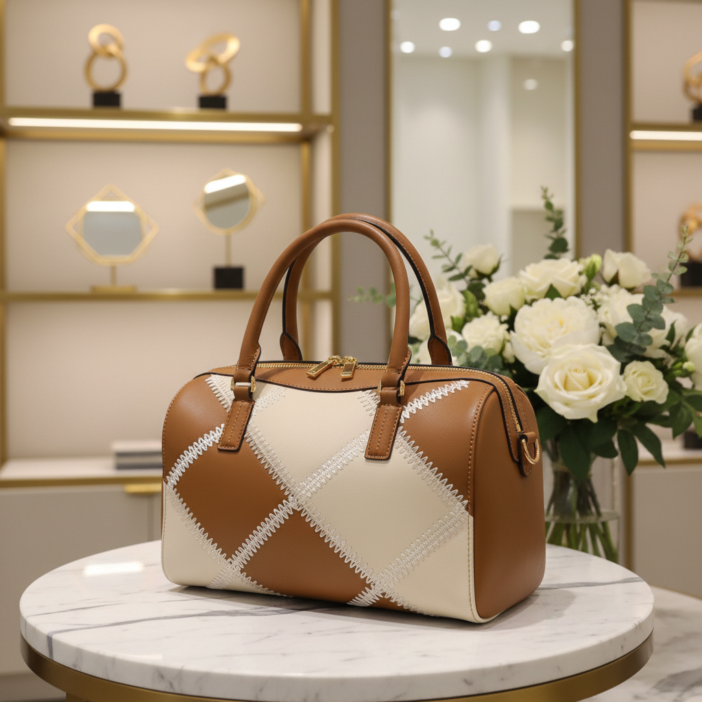 Tan and Ivory Monochrome Luxe Structured Top-Handle Satchel | Genuine Leather