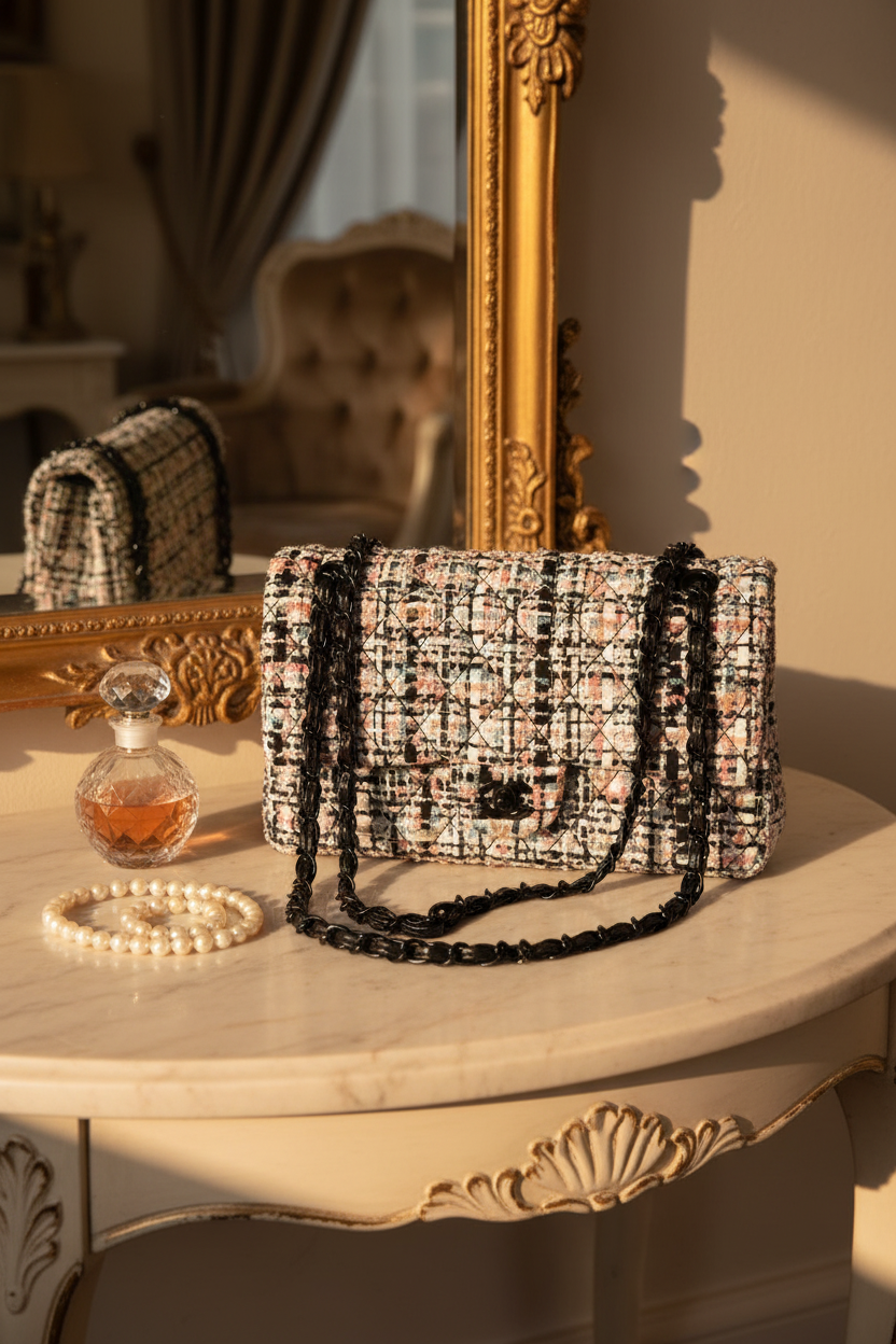 Premium Tweed Crossbody Bag – Quilted Detail & Double Chain Strap