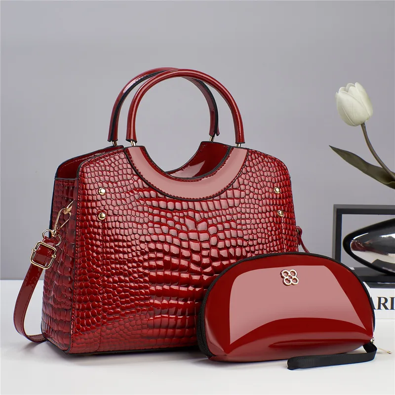 Croc Embossed Handbag Set for Women – Large Structured Tote with Matching Pouch