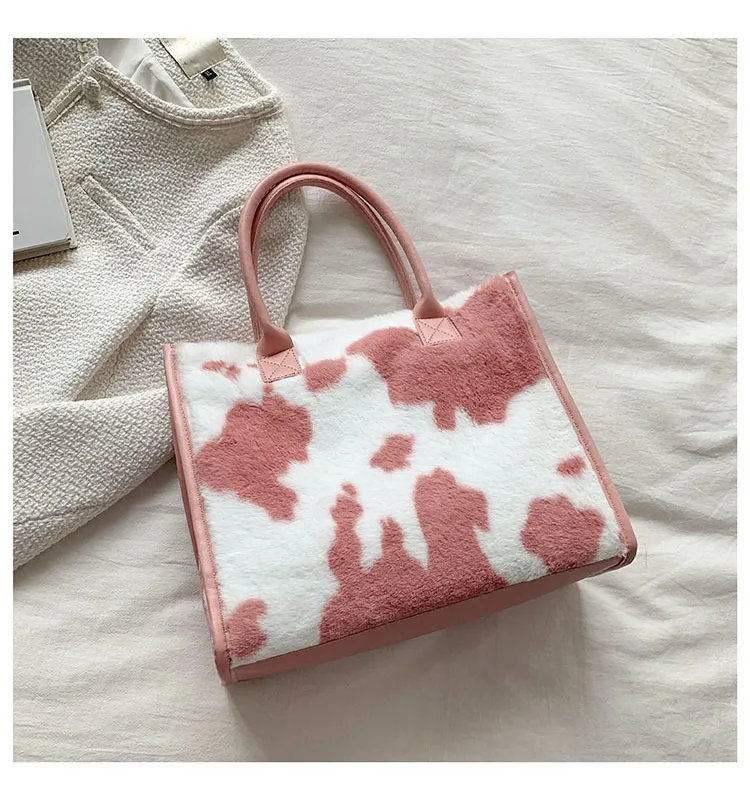 Trendy Cow Print Tote Bag for Women – Cute Fuzzy Mini Handbag