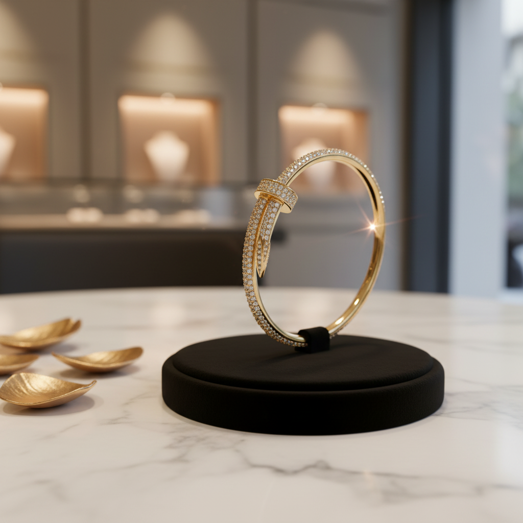 Gold-Tone Pavé Crystal Nail-Style Bangle Bracelet | Sleek Statement Jewelry