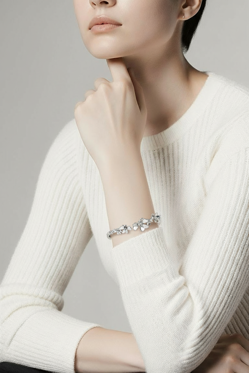 Elegant Silver Floral Crystal Bangle Bracelet
