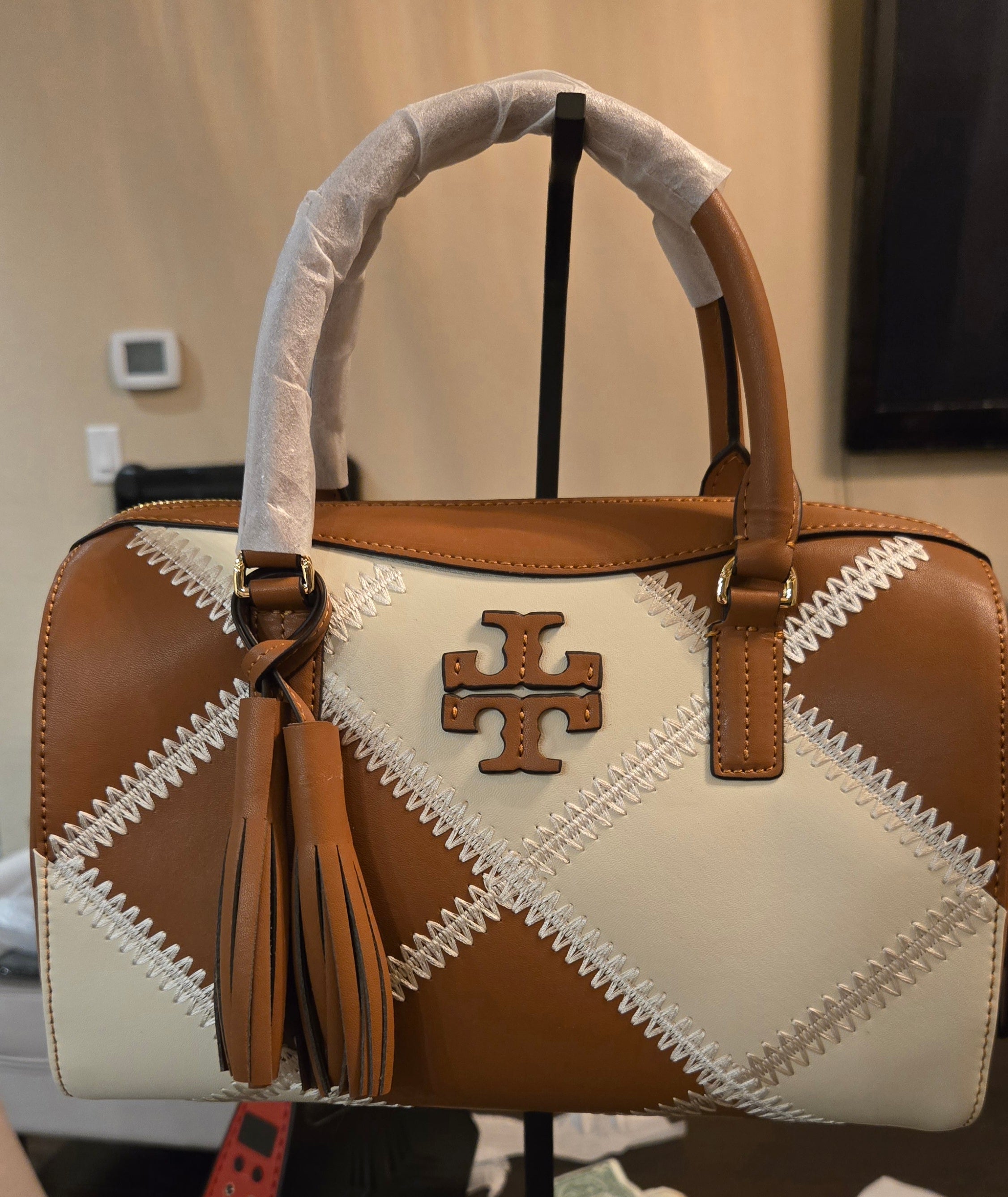 Tan and Ivory Monochrome Luxe Structured Top-Handle Satchel | Genuine Leather
