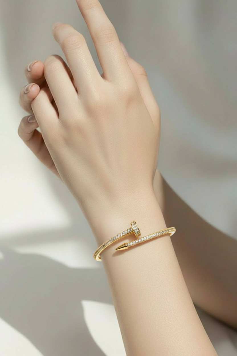 Gold-Tone Pavé Crystal Nail-Style Bangle Bracelet | Sleek Statement Jewelry