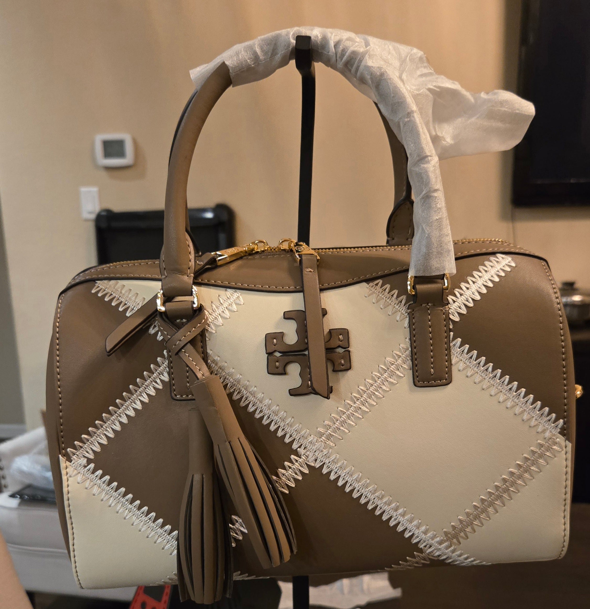 Elephant Grey and Ivory Monochrome Luxe Structured Top-Handle Satchel | Genuine Leather