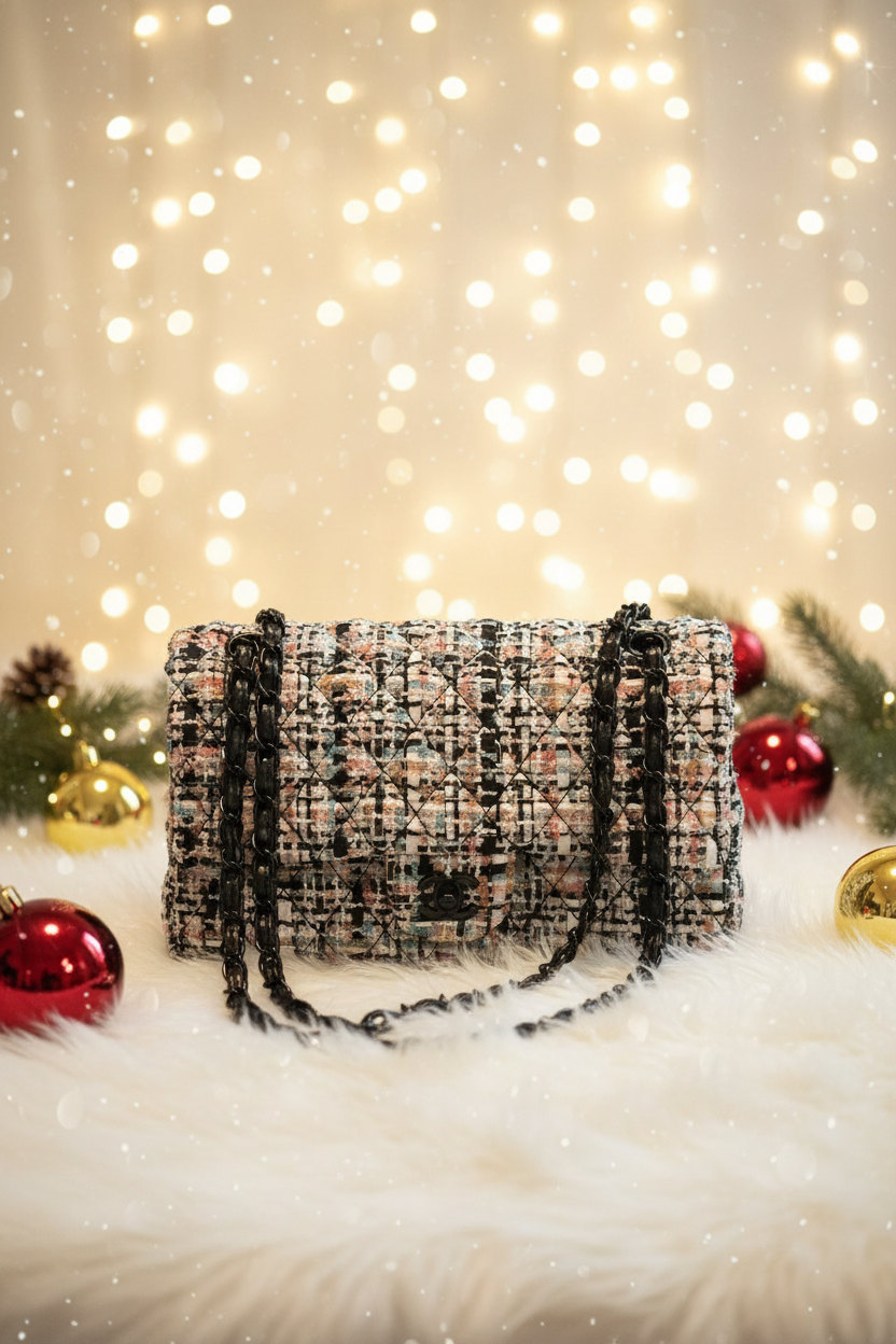 Premium Tweed Crossbody Bag – Quilted Detail & Double Chain Strap